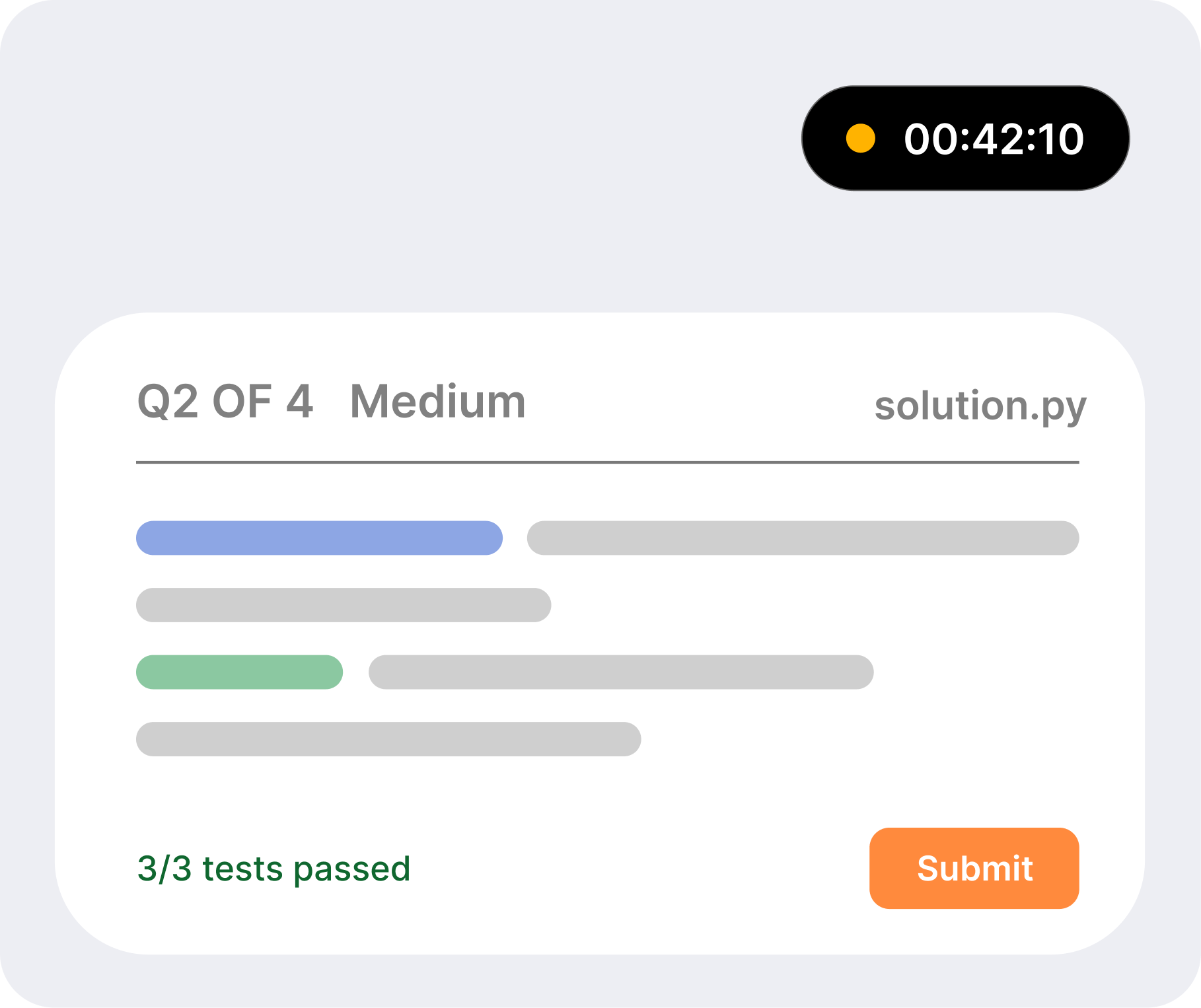 Mock OA editor with a running timer and 3/3 tests passed