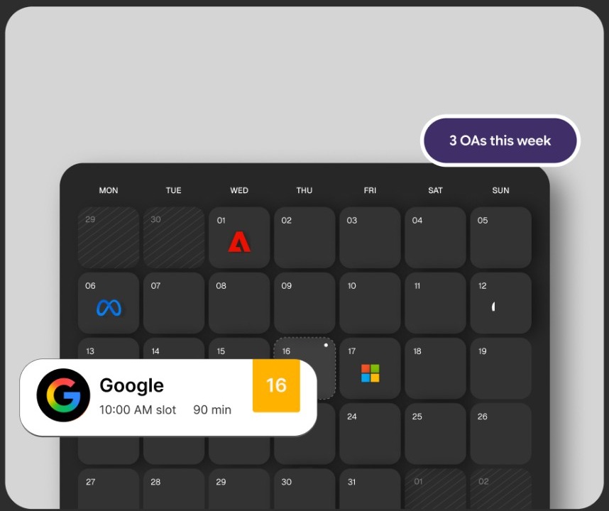 OA calendar with a Google assessment on the 16th and 3 OAs this week