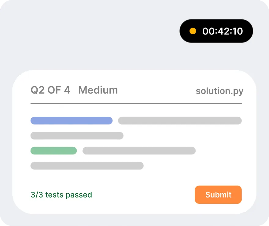 Mock OA editor with a running timer and 3/3 tests passed